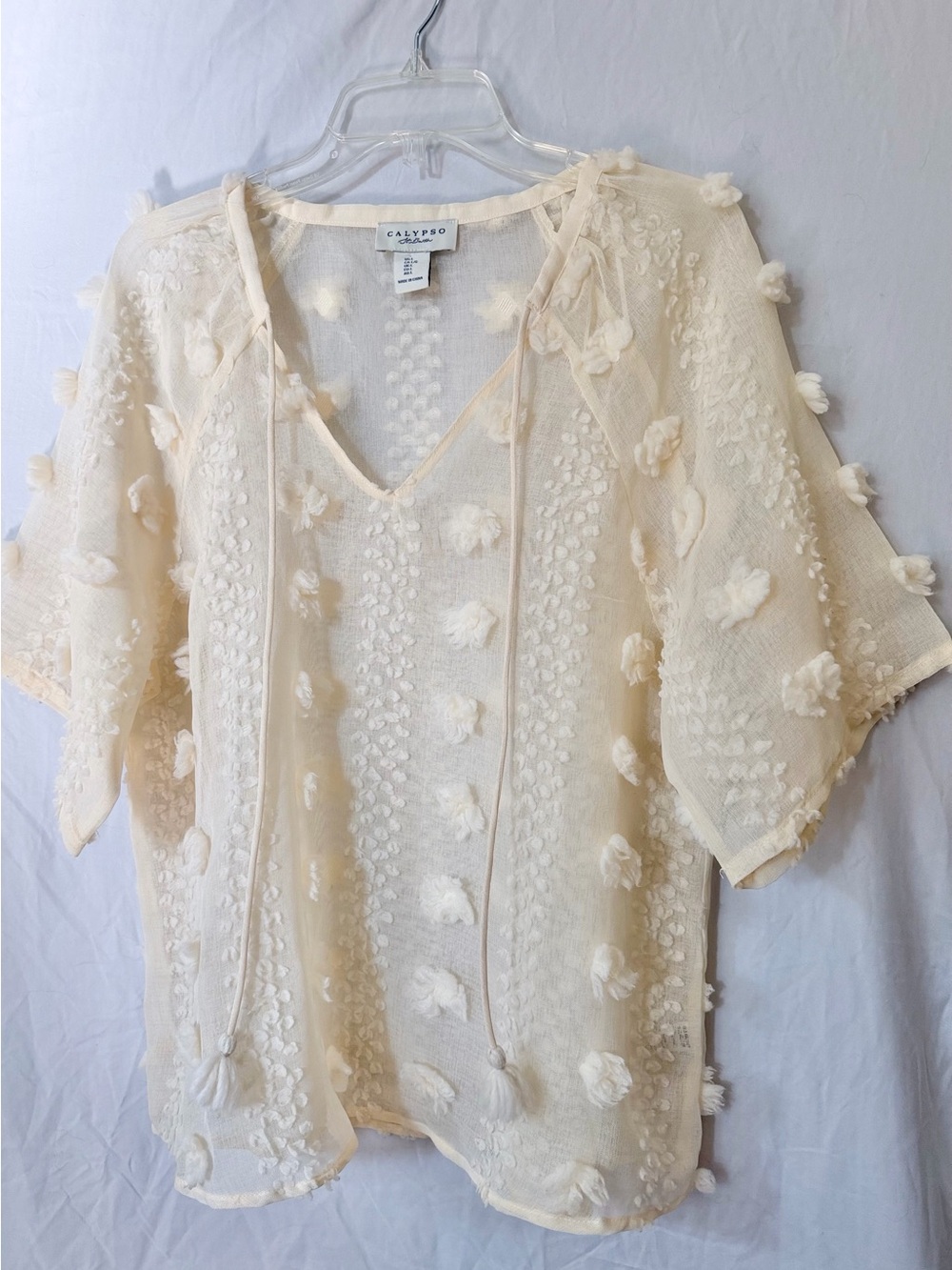 Ivory 3D Floral Sheer Peasant Blouse Calypso St Barth L